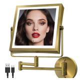 WZKALY Rechargeable Wall Mounted Makeup Mirror with Lights, 4000mAh Double Sided 1X/10X Magnifying Vanity Mirror with 3 Color Lights, Touch Dimmable, 360° Extension Foldable Arm (Antique Brass)