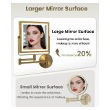 WZKALY Rechargeable Wall Mounted Makeup Mirror with Lights, 4000mAh Double Sided 1X/10X Magnifying Vanity Mirror with 3 Color Lights, Touch Dimmable, 360° Extension Foldable Arm (Antique Brass)