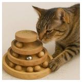 Interactive Wooden Cat Toy Three-Tier Track Ball Tower with 9 Spinning Balls & Bell | Assembled, Play for Indoor Cats Mental Physical Exercise Natural Wood, Fun Cat Toys for Kittens 8 x 8 x 4 inch