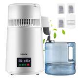 VEVOR 1.1Gal Water Distiller, 0.3Gal/H, Distilled Water Maker Machine 750W 0-99H Timing Set Temp Display, 304 Stainless Steel Countertop Distiller Plastic Carafe Cleaning Powder 3 Carbon Packs, White 