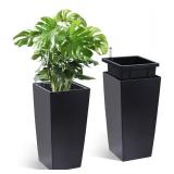 Garvee 16" Tall Planters Set of 2, Outdoor Indoor Black Planter Pots, High Front Porch Planter Pots with Drainage Holes Water Level Monitor Inner Bucket,Black