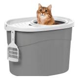 IRIS USA Top Entry Cat Litter Box, Large Enclosed with Litter Catching Lid and Scoop, Dog Proof, Cat Litter Box, Gray/White