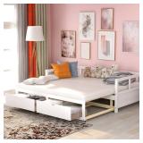 Wooden Daybed Extendable Bed with Two Storage Drawers, Sofa Bed for Bedroom Living Room, Twin, White with Drawers.