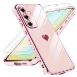 LeYi for Galaxy S24-FE Case: Tempered Glass Screen Protector 2 Pcs,Full Camera Lens Protection, Love Heart Plating Luxury Shockproof Phone Case Funda para Samsung S24FE 5G, Pink