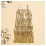 MOBJVIY Toddler Kids Girls Sleeveless Sequin Fringe Dress Zip Back Little Girls Tasseled Sparkling Party Latin Dance Dress (Gold, 4-5 Years)