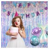 Iridescent Party Streamers Backdrop - GREATRIL Neon Transparent Holographic Tinsel Foil Fringe Curtain for Mermaid/Frozen/Sea/Euphoria/ERAS Party Theme Decorations 3.2ft x 6.5ft