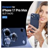 SiHPuoy 2 Pack Camera Lens Protector for iPhone 17 Pro Max Accessories, Metal Aluminum Alloy Tempered Glass Camera Protector, [Military Grade Shatterproof] [Case Friendly]-Blue