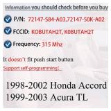 SUPALAND Key Fob Keyless Entry Fits for 1998 1999 2000 2001 2002 Honda Accord 1999-2003 Acura TL Remote Control Replacement KOBUTAH2T, 72147-S0K-A02, 4 Buttons 315MHz