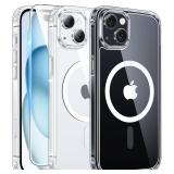 FNTCASE for iPhone 15 Case Clear: iPhone 14/13 Case Magnetic Phone Cases with Screen Protector Compatible with Magsafe Slim Anti Yellowing Rugged Protective Transparent Cell Cover (A-Clear)
