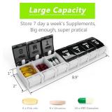 Extra Large Weekly Pill Organizer 2 Times a Day - Remtise Am/Pm Daily Pill Case Medicine Organizer, Push Button 7 Day Pill Box for Pills/Vitamin/Cod Liver Oil/Supplements (Black & White)