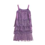 MBMSHEGH Kids Sequin Fringe Dress Sparkling Tassel Sleeveless Dress Little Girls Dance Wear Party Latin Dance Dress 1-6T (A-Purple, 3-4 Years)