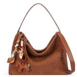 Kurava Suede Hobo Bags for Women Fall Woven Purse Slouchy Shoulder Crossbody Bag with Silk Scarf and Pony Charms Winter Trendy Tote Handbags (Brown)