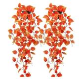 Artificial Fall Plants Hanging Orange Vines Potted Fall Foliage Fake Pothos Trailing Plant Autumn Decoration for Indoor Outdoor Thanksgiving Bathroom Wall Kitchen Room Shelf Decor (Black Pot)