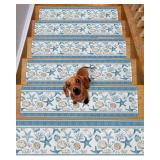Stair Treads for Wooden Steps,Ocean Starfish Coastal Coral Summer Nautical Non Slip Stair Carpet Indoor Stair Runner Staircase Step Treads,Beach Shells Blue Stair Mat 8x30in 15 Pcs