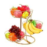 Livabber Fruit Basket Bowl with Banana Hanger, Fruit Vegetable Storage Basket with Banana Tree Holder for Kitchen Counter, Detachable Organizer for Bread Snack Produce (Gold, 3-Tier Metal Base)