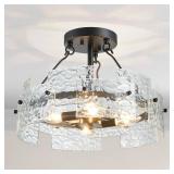 XINGQI Black Ceiling 4-Light Modern Farmhouse Water Ripple Glass Ceiling Lighting Fixture 15.7" Drum Ceiling Lights for Bedroom Dining Room Living Room Hallway Entryway