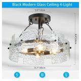 XINGQI Black Ceiling 4-Light Modern Farmhouse Water Ripple Glass Ceiling Lighting Fixture 15.7" Drum Ceiling Lights for Bedroom Dining Room Living Room Hallway Entryway