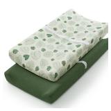Blissful Diary Muslin Changing Pad Cover for Girls Boys, Ultra Soft Breathable Cotton, Baby Diaper Change Table Pad Covers, 2Pack (Monstera Leaves&Dark Green)