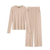 MASCOMODA Fall Lounge Sets for Women Crewneck Long Sleeve Tops Wide Leg Pants Casual 2 Piece Airport Travel Outfits Tracksuit(Beige,Large)