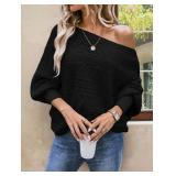 Cakulo Womens Off Shoulder Sweater Top Fall Outfits Fashion 2025 Oversized Knit Batwing Long Sleeve Crochet Sweaters Black XL