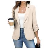 ELLEVEN Womens Blazer Business Casual Suit Jacket Slim Fit Fitted Ruched 3/4 Sleeve Petite Crop Blazer Dressy Full Lining Lightweight Outfits Coat Cardigan with Padded Shoulder Khaki Large