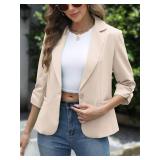 ELLEVEN Womens Blazer Business Casual Suit Jacket Slim Fit Fitted Ruched 3/4 Sleeve Petite Crop Blazer Dressy Full Lining Lightweight Outfits Coat Cardigan with Padded Shoulder Khaki Large