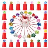 Seematn Christmas Party Game Xmas Bow Games for Family Adults Raffle Carnival Party, Include 40 Gift Bows 20 Disposable Plastic Cups and Red Rope for Christmas Accessories Holiday Prizes