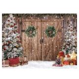 Felortte 7x5FT Polyester Fabric Winter Christmas Rustic Barn Wood Door Photography Backdrop Xmas Tree Snow Background Banner for Family Holiday Party Decoration Supplies Photo Studio Props Pictures