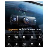 4K+1080P*3 FHD Dash Cam, 5GHz WiFi & App Control, 4 Channel 360° Car Camera Front Rear Inside & Left Right, G-Sensor, 8 IR Lamps Night Vision, 24H Parking Mode, Loop Recording, Includes 64GB 