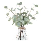 Bessol Artificial Eucalyptus Stems in Glass Vase with Faux Water, 13.5in Fake Plants for Home Decor, Coffee Table Centerpieces, Office, Bathroom & Farmhouse Weddings - Faux Greenery Plants Decorat