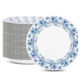 Charmount Blue Flower Printed Paper Plates - Bulk 8.5 Inch, 150pcs, Soak & Cut Proof for Parties & Daily Use