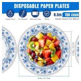 Charmount Blue Flower Printed Paper Plates - Bulk 8.5 Inch, 150pcs, Soak & Cut Proof for Parties & Daily Use