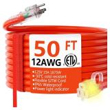 HUANCHAIN 12/3 Gauge Heavy Duty Outdoor Extension Cord 50 ft Waterproof with Lighted end, Flexible Cold-Resistant 3 Prong Electric Cord Outside, 15Amp 1875W 12AWG SJTW, Orange, ETL