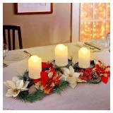 FORUP Christmas Centerpiece, Christmas Candle Holders, Christmas Tabletop Poinsettia Centerpiece with 3 Flameless Candle, Romantic Holiday Candelabrum for Home Party Christmas Table Mantel Decorations