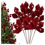 Suncalla 6 Pcs Christmas Artificial Velvet Glitter Magnolia Leaf Glittered Spray Picks 20 Fake Floral Leaf Branches Xmas Decoration for Christmas Tree DIY Crafts Gift Home Garden Decor(Burgundy)