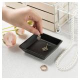 QNMUSUNC Ceramic Ring Dish, Jewelry Dish Holder, Small Trinket Tray Plate for Earrings Rings Necklaces Keys, for Mom Friend Sister (Black Surface)