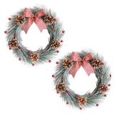 vivimemo 2 PCS Green Wreath 14-inch Handcrafted Green Pine Needle Pinecone Bow Wreath Winter Window Fireplace Cabinet Wall Table Decoration Winter Candle Party Office Home Decoration