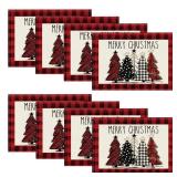 Artoid Mode Red and Black Buffalo Plaid Christmas Trees Placemats Set of 8, 12x18 Inch Winter Table Mats for Outdoor Home Party Kitchen Dining Decor