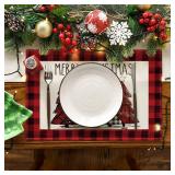 Artoid Mode Red and Black Buffalo Plaid Christmas Trees Placemats Set of 8, 12x18 Inch Winter Table Mats for Outdoor Home Party Kitchen Dining Decor