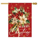 AVOIN colorlife Floral Merry Christmas House Flag 28x40 Inch Double Sided Outside, Christmas Flowers Winter Holiday Yard Outdoor Decorative Flag