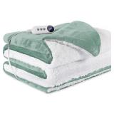 STHYTON Electric Heated Blanket Throw 50x60 - Soft Cozy Flannel & Sherpa Fabric Dual-Sided, 9 Heat Settings & 2-10 Hours Auto Off, Warming Heated Throw for Home Office, Machine Washable, Green