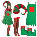 Funtery 4 Pcs Women Christmas Elf Costume Elf Accessories Set Including Extra Long Felt Hat Aprons Shoes Striped Stocking(Vivid Style)
