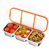 QCQHDU Bento Lunch Box Stainless Steel Snack Containers, Reusable Stainless Steel 3-Compartment Condiment Metal Bento Lunch Box with Lids, Divided Snack Food Storage Lunchable Containers, 1 Pack