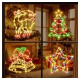 Christmas Window Silhouette Lights Decorations - Pack of 4 Sign Colour Lighted Deer, Xmas Trees, Bell, and Star for Holiday Indoor Wall Door Glass Decor