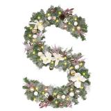 Christmas Garland with Lights,6 Ft Pink Christmas Decor for Mantle Stairs, Winter Flocked Garland with White Flower Christmas Balls Pinecone Feather and Pink Leaves for Indoor Outdoor Decor