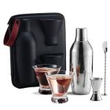 KITESSENSU Cocktail Shaker Set with Carry Case: Vacuum Insulated Martini Shaker with Built-in Strainer, 2 Martini Glasses, Measuring Jigger, Bar Mixing Spoon & Cocktail Recipes, Travel Bar Tool Set