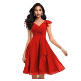 Fashionbride Short Chiffon Bridesmaid Dress 2025 Sexy Red Cocktail Party Dress V Neck Ruffles Evening Gowns for Women Size 4