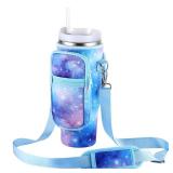 OUTXE Water Bottle Carrier Bag for 40oz Stanley Tumbler with Handle& Simple Modern, Water Bottle Holder with Adjustable Strap& Phone Pocket, Water Cup Pouch for Walking, Travel (Blue Starry Sky) MISSI