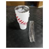 Joyclub 30oz Tumbler Stainless Steel Double Wall Vacuum Insulated Tumbler Cup Travel Mug with Lid, Straw and Cleaning Brush for Cold and Hot Drinks (Baseball) LID DAMAGED