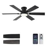 iacaf 52inch Low Profile Ceiling Fan with Light and Remote/APP Control, LED Dimmable DC ReversibleModern, Flush Mount,6 Blade,Black Ceiling Fan for Bedroom Living Room/Outdoor Use